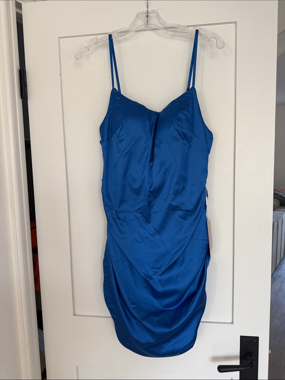 Sleek Royal Blue Satin Mini Dress with Double Spaghetti Straps